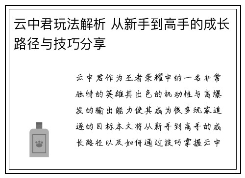 云中君玩法解析 从新手到高手的成长路径与技巧分享