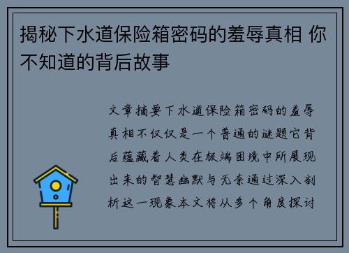 揭秘下水道保险箱密码的羞辱真相 你不知道的背后故事