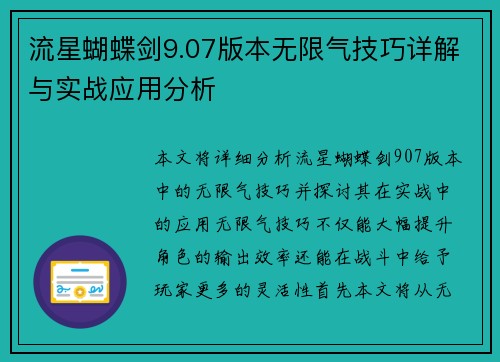流星蝴蝶剑9.07版本无限气技巧详解与实战应用分析